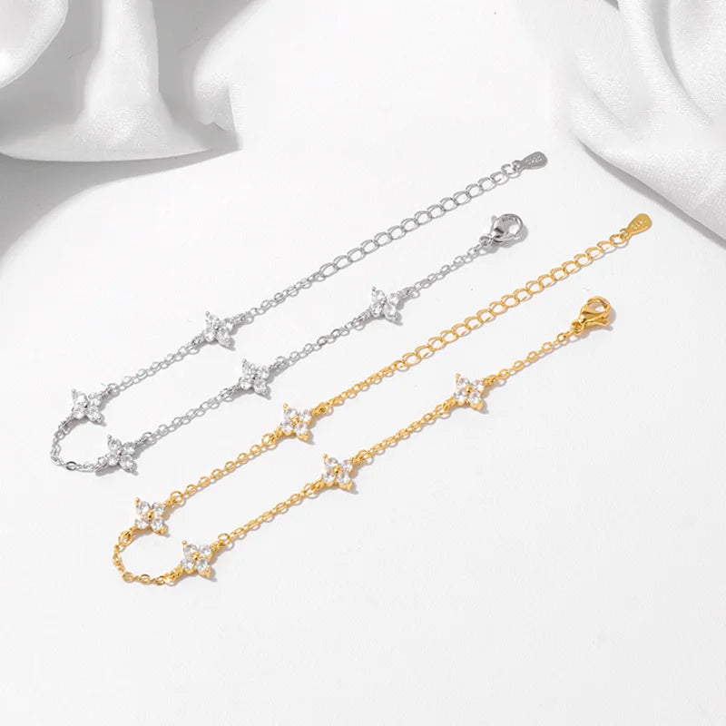 Four Leaf Flower Zircon Bracelet for Women – 925 Silver & 18K Gold
