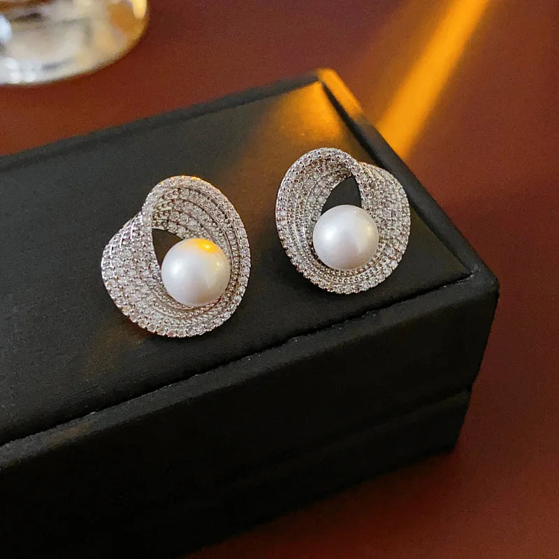 Zircon round pearl earrings for women, silver-toned double-hoop encrusted with small stones around white pearls, pair