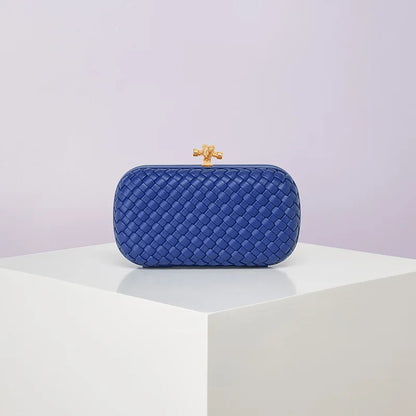 Blue woven PU box clutch with gold-tone clasp, handheld evening bag
