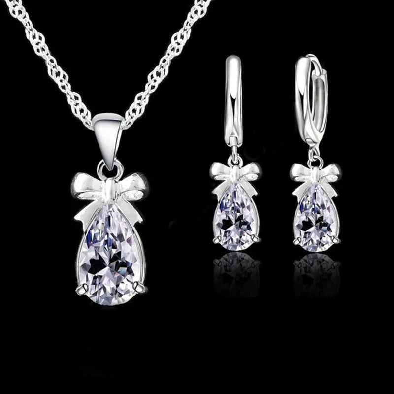 New Gift Set 925 Real 925 Sterling Silver With White Stone Cubic Zirconia Dangle Earring Pendant Necklace by edenista