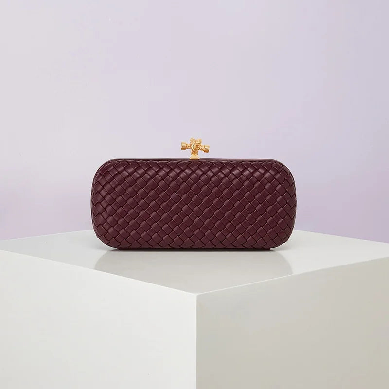Edenista woven PU crossbody evening bag in burgundy with gold clasp