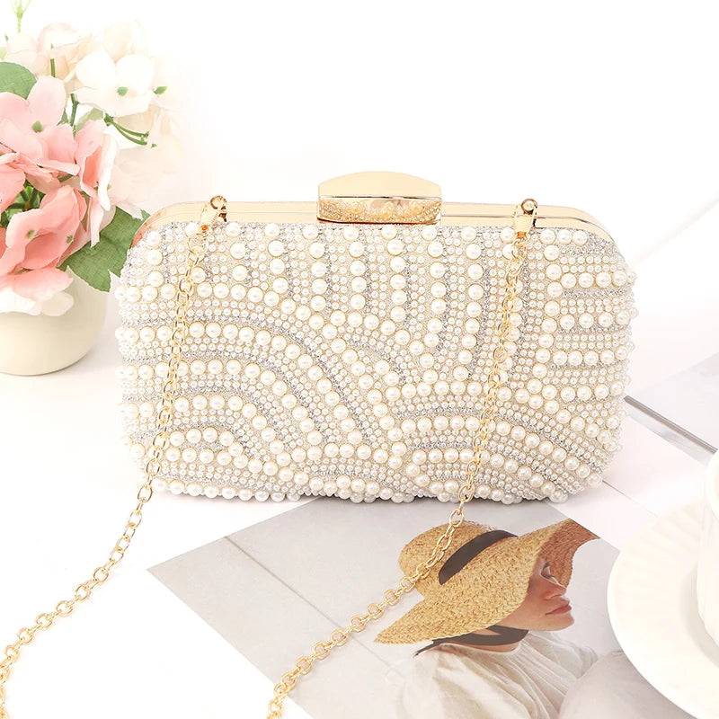 Edenista ladies pearl beaded evening bag clutch with long gold chain