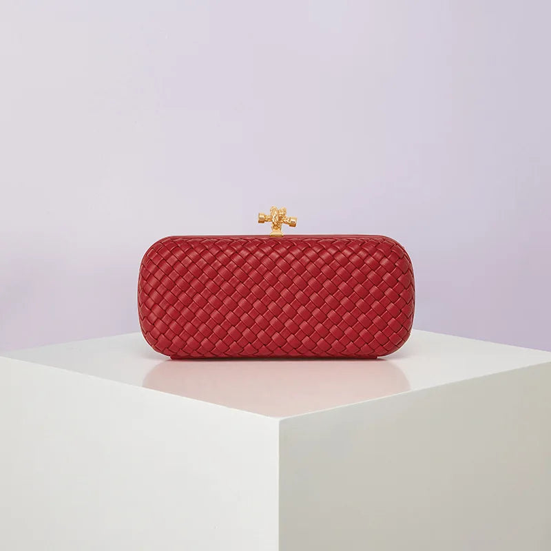 Crossbody B Home PU woven evening bag, red box clutch with gold-tone clasp