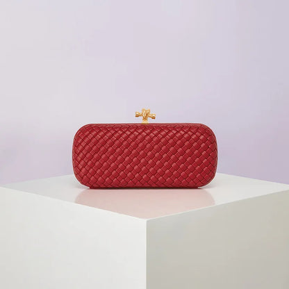 Crossbody B Home PU woven evening bag, red box clutch with gold-tone clasp
