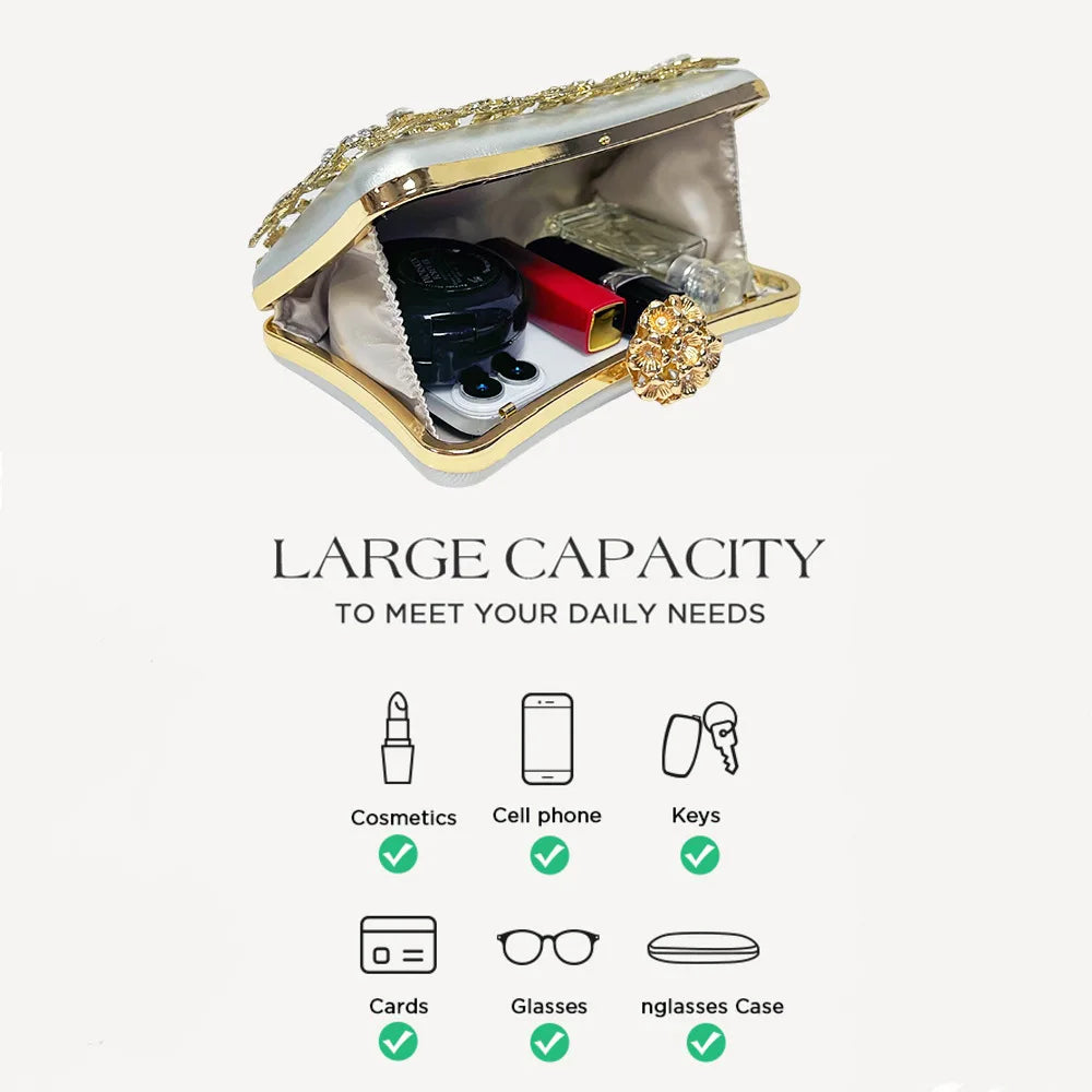 Edenista luxury diamond banquet clutch with gold-tone frame and chain, satin interior, holding cosmetics and phone