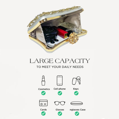 Edenista luxury diamond banquet clutch with gold-tone frame and chain, satin interior, holding cosmetics and phone
