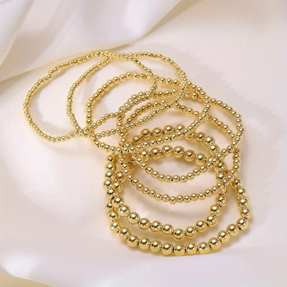 7PCS Golden Bead Bracelet Set for Women Flexible Stretch Fit Minimalist Beaded Bangles by edenista