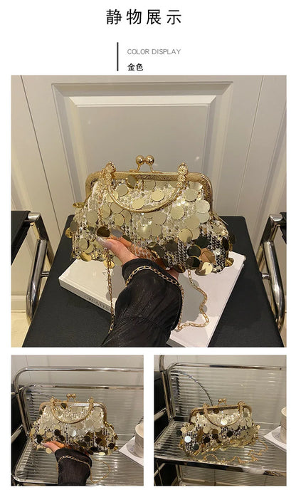 Gold sequined evening shoulder bag with metal frame and chain strap.