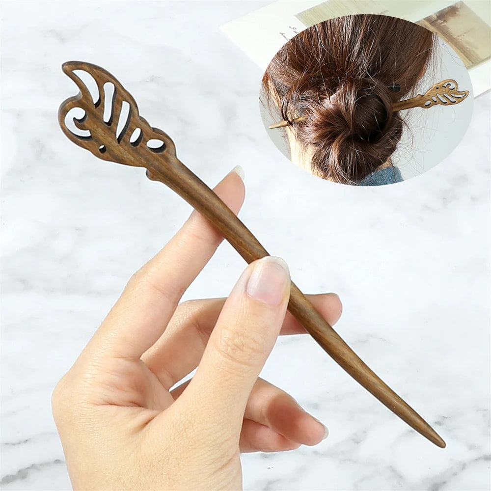 Wooden sandalwood hair stick with ornate cutout end, for women