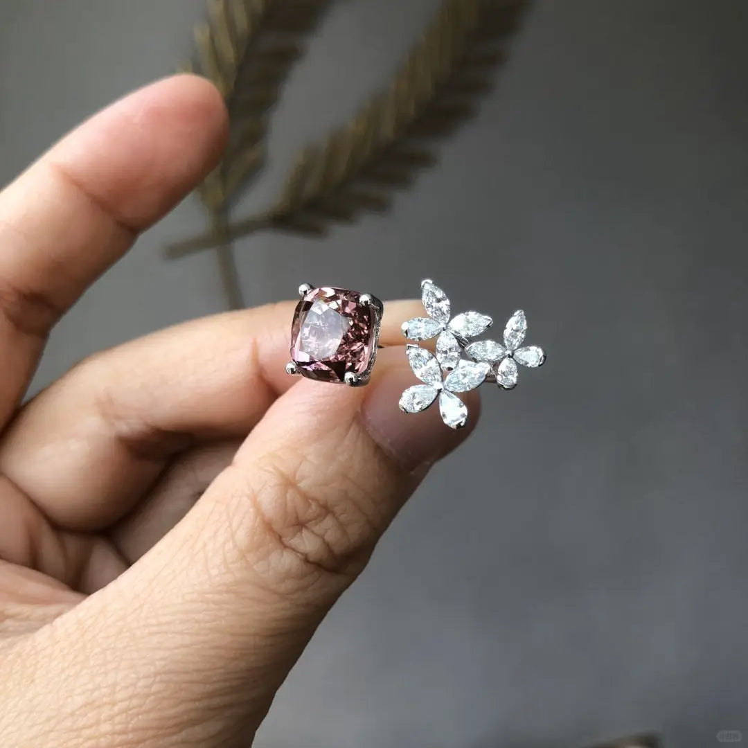 Horse eye diamond pink gemstone inlaid butterfly ring for women by edenista