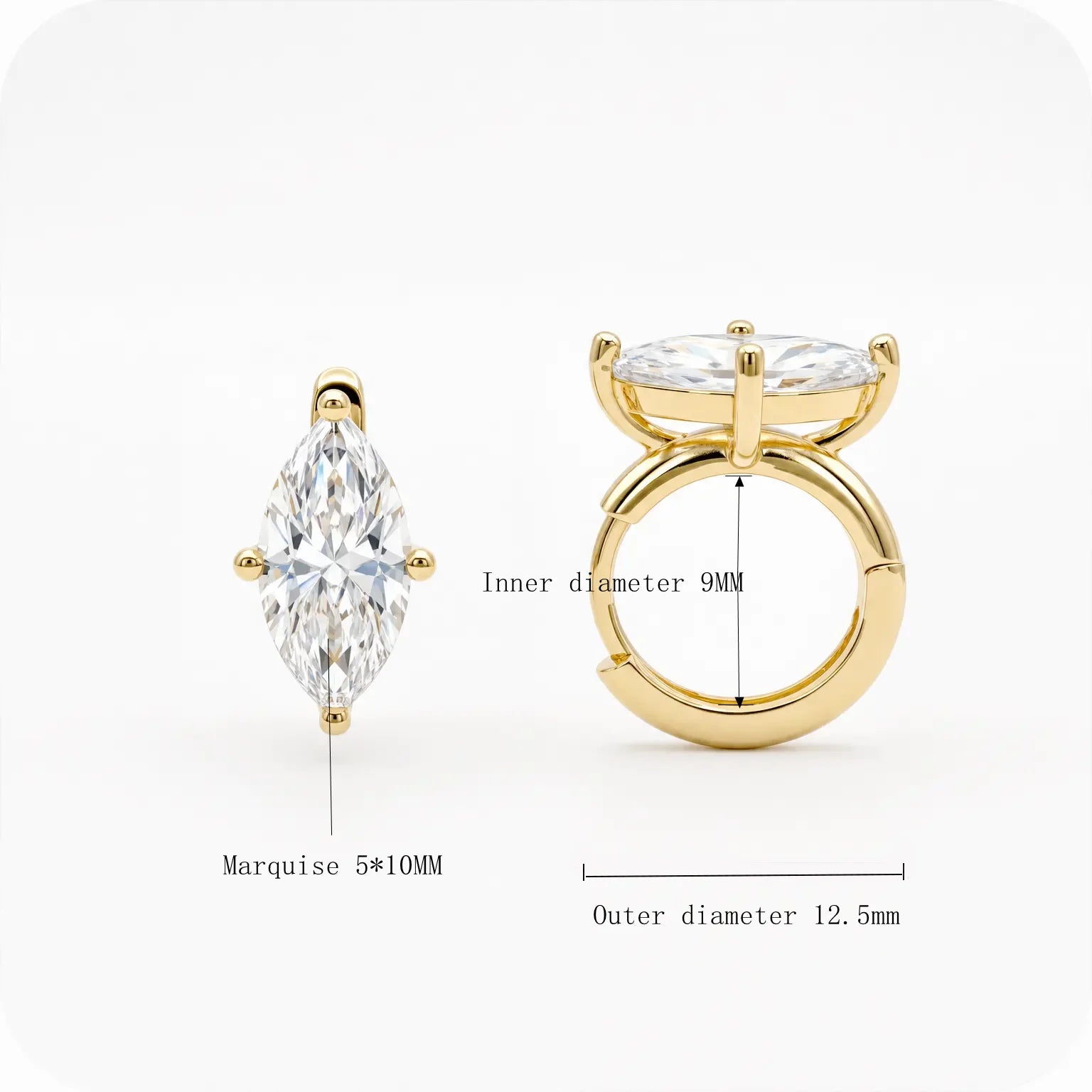 Moonmory brass marquise zirconia hoop earring, gold-plated, 9mm inner diameter
