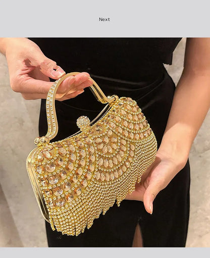 Diamond evening clutch bag by Edenista, gold-tone rhinestone handbag with tassel fringe