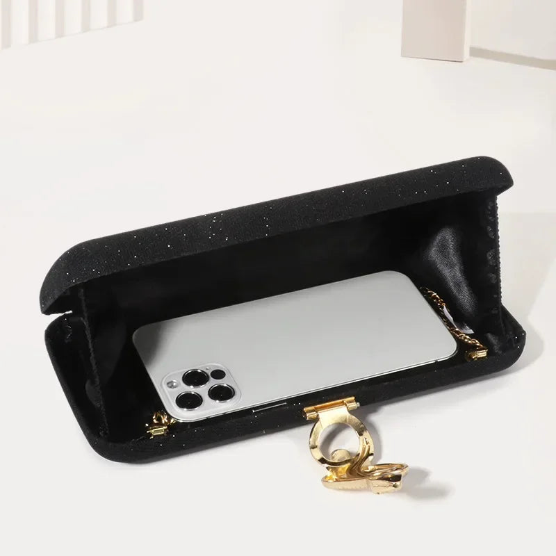Edenista Classic Snake Buckle Evening Purse, black glitter clutch with gold ring clasp