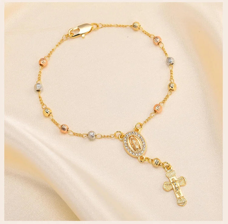 Virgin Mary Rosary Bead Cross Bracelet for Women Tri-color Adjustable Chain by edenista