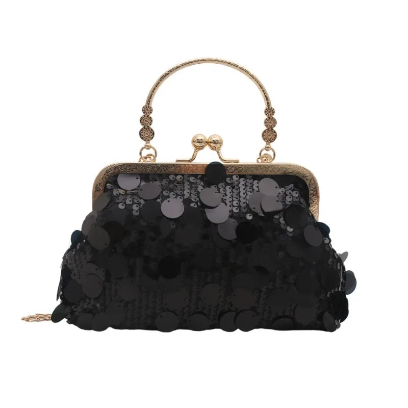 Elegant sequined evening shoulder bag in black with gold-tone frame and top handle