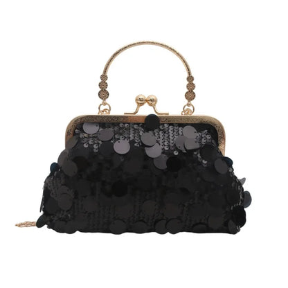 Elegant sequined evening shoulder bag in black with gold-tone frame and top handle