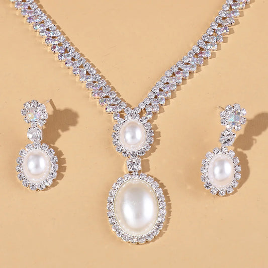 Jewelry wholesale fashion new necklace earrings bracelet set shiny bride jewelry set collarbone necklace