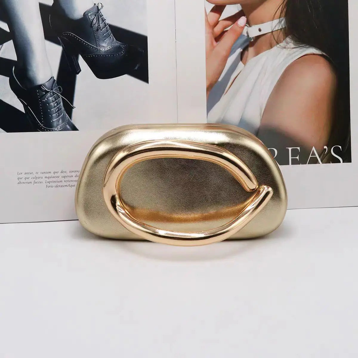 Edenista gold metal closure box clutch bag for women with oval handle, evening party purse
