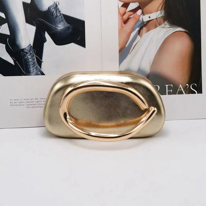 Edenista gold metal closure box clutch bag for women with oval handle, evening party purse