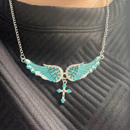 Angel Wings Cross Pendant Necklace – Crystal Rhinestone