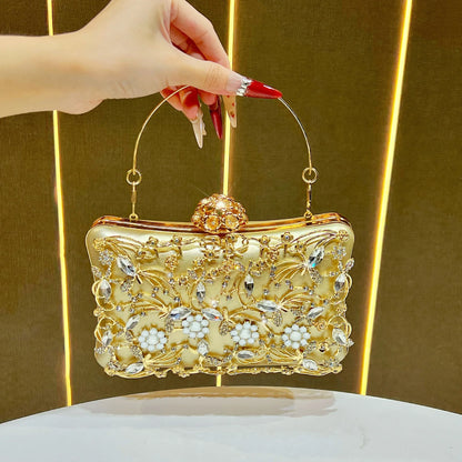 New Light Luxury Diamond Super Flash Banquet Bag Edenista; gold-toned clutch with crystal floral embroidery