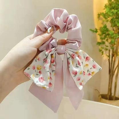 Floral Bow Large Scrunchie Hair Tie – Elastic Rubber Band for Women