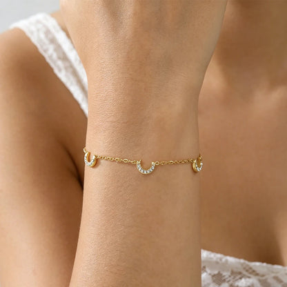 Clear Zircon Crescent Moon Charm Bracelet Stainless Steel Gold Color by edenista