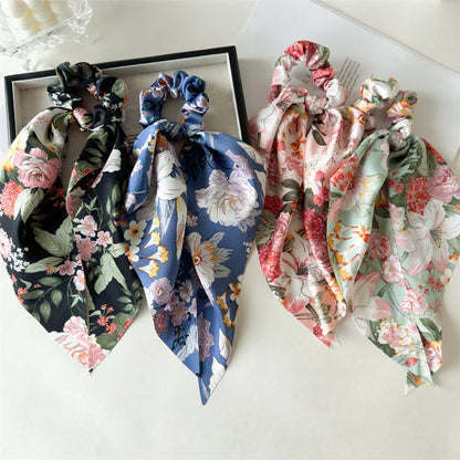 Flower Bow Satin Hair Ribbon Scrunchies – Vintage Ponytail Hairbands for Women