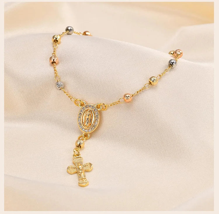 Virgin Mary Rosary Bead Cross Bracelet for Women Tri-color Adjustable Chain by edenista