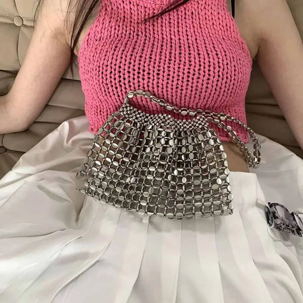 Elegant sequin evening bag, silver chainmail purse with metallic square-link strap.