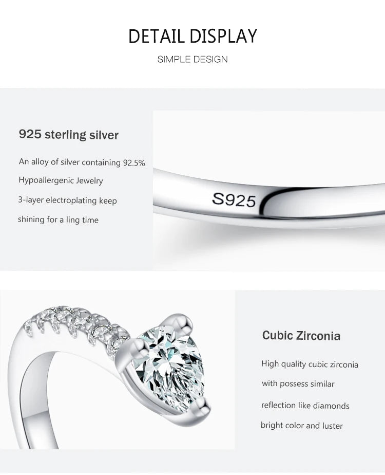 Solid 925 Sterling Silver Water Drop Shape Dazzling CZ Adjustable Finger Ring by edenista