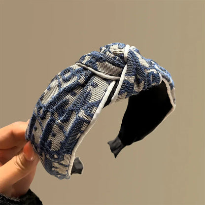 Headband with blue geometric cowboy-pattern fabric knotted top outdoor versatile hair accessory