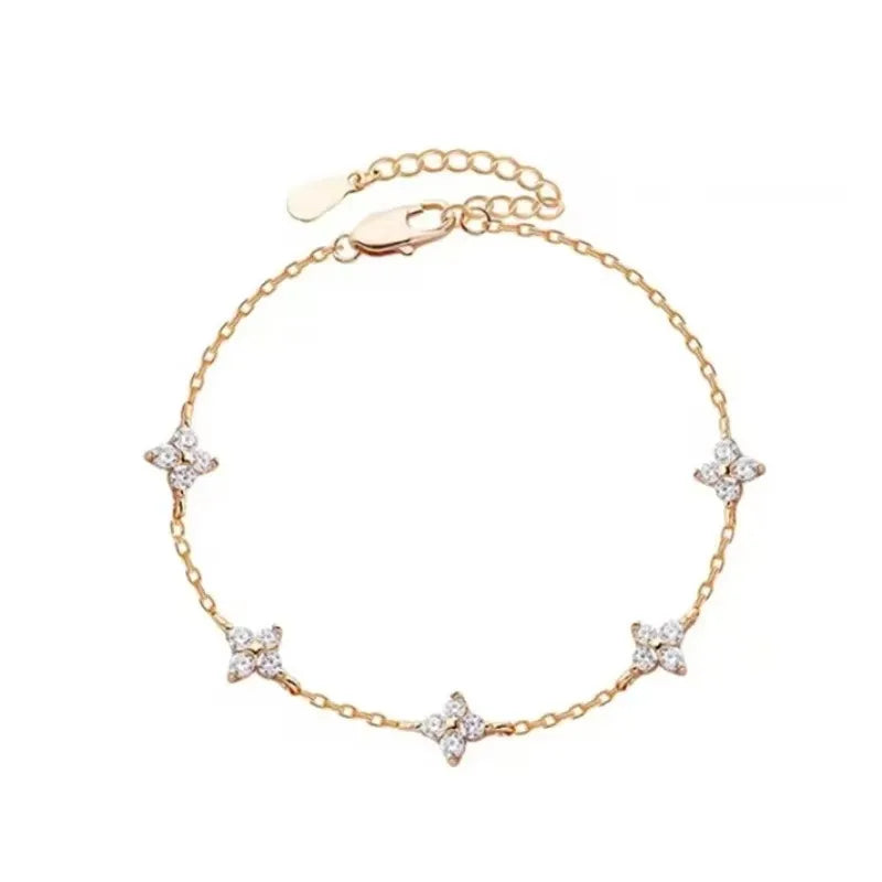 Crystal Four Leaf Flower Bracelet for Women Classic Trendy Gold Color Stainless Steel Zircon Bangle Jewelry Gift by edenista