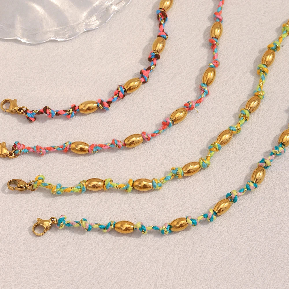 Mixed Colour Rope & Beads Bracelet – 18K Gold Plated