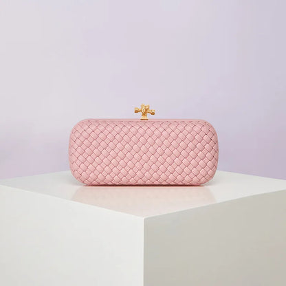 Evening box clutch by Edenista, pink woven PU with gold-tone clasp