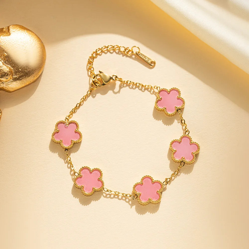 Adjustable Five Leaf Clover Flower Stainless Steel Bracelet