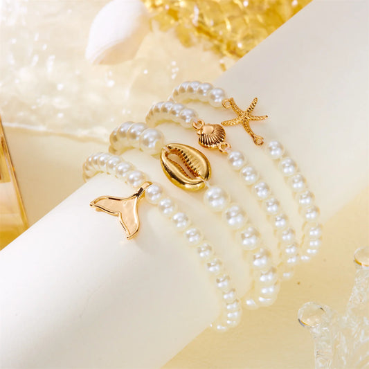 4pcs Imitation Pearl Beaded Chain Bracelets Set for Women Fashion by edenista