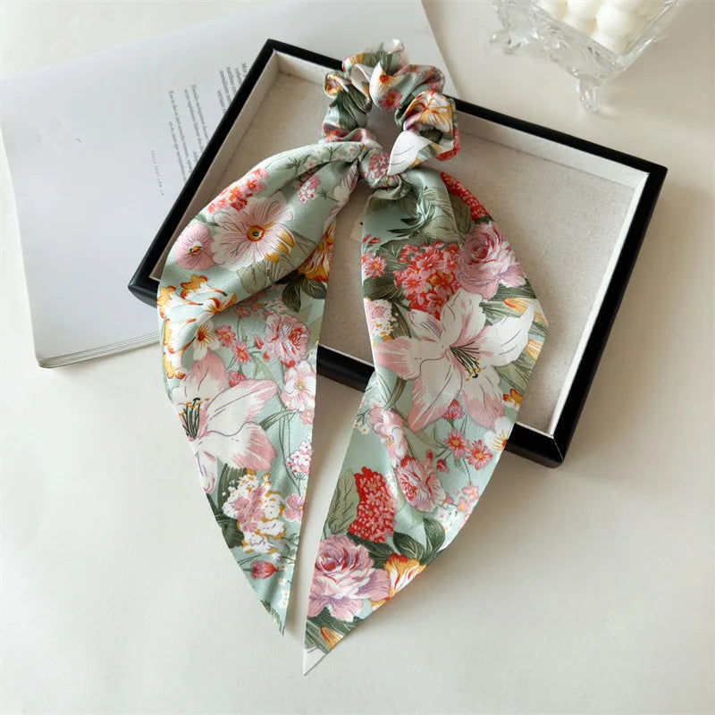 Flower Bow Satin Hair Ribbon Scrunchies – Vintage Ponytail Hairbands for Women