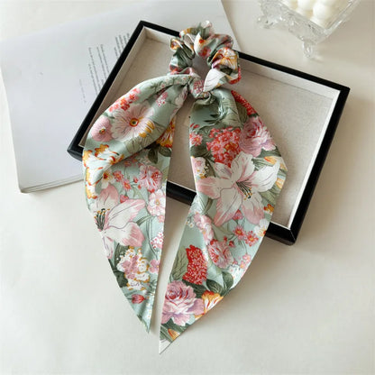 Flower Bow Satin Hair Ribbon Scrunchies – Vintage Ponytail Hairbands for Women