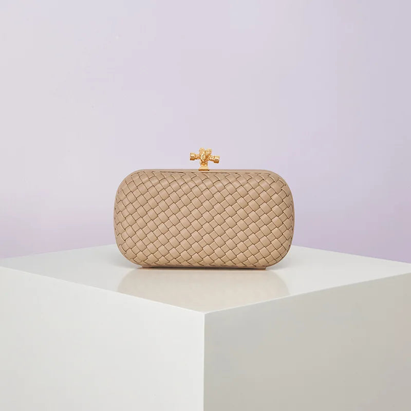 Crossbody box bag, beige woven PU with gold clasp finish
