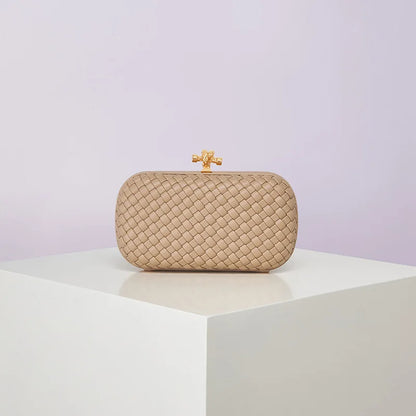 Crossbody box bag, beige woven PU with gold clasp finish