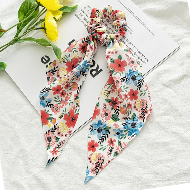 Flower Bow Satin Hair Ribbon Scrunchies – Vintage Ponytail Hairbands for Women