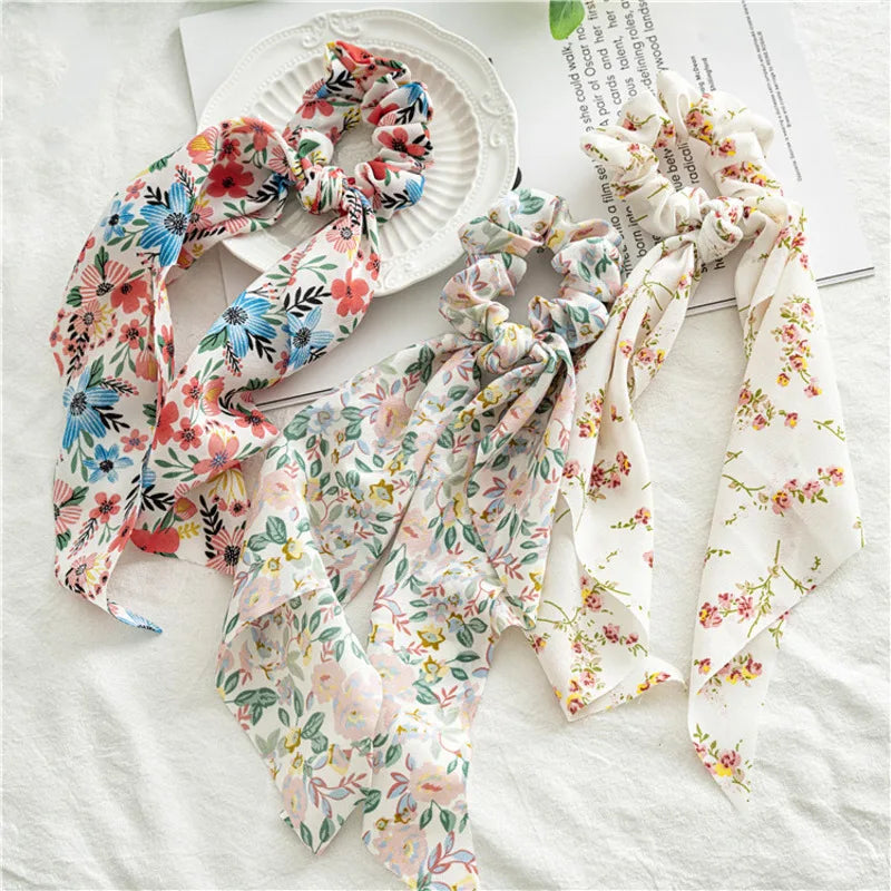 Flower Bow Satin Hair Ribbon Scrunchies – Vintage Ponytail Hairbands for Women