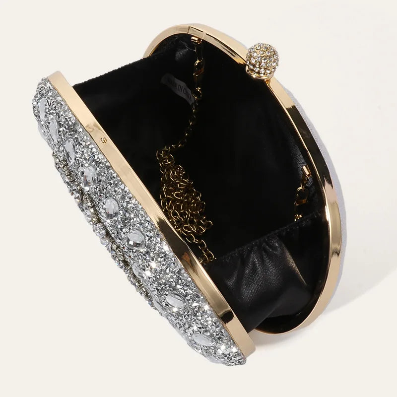 Edenista glitter evening bag clutch with gold frame, crystal embellishments, chain strap, black interior