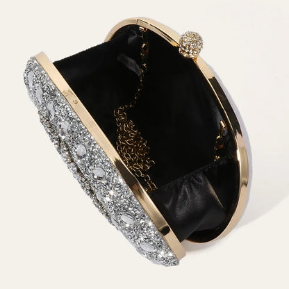 Edenista glitter evening bag clutch with gold frame, crystal embellishments, chain strap, black interior