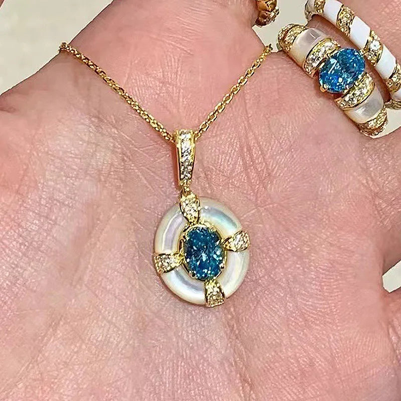 Classic blue jewelry sets dreamy aquamarine gem White Fritillaria Ring necklace by edenista