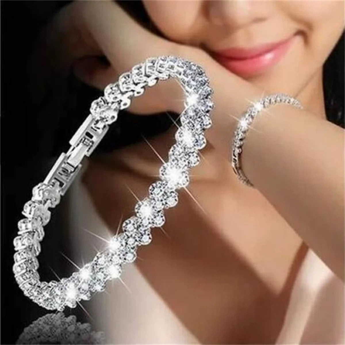 Crystal rhinestone geometric chain bracelets for women, silver-tone Roman imitation style; two bangles.