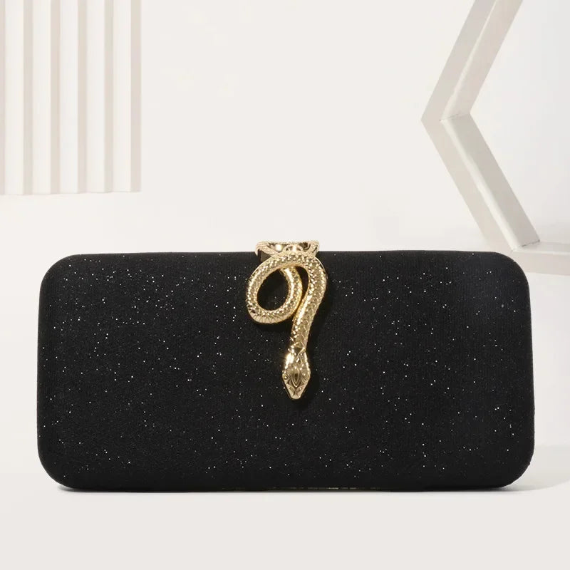 Classic Snake Buckle Evening Purse by Edenista, black glitter clutch with gold snake buckle
