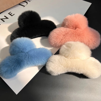 Faux Fur Plush Large Hair Claw Clip – Solid Color Barrette for Thick Hair