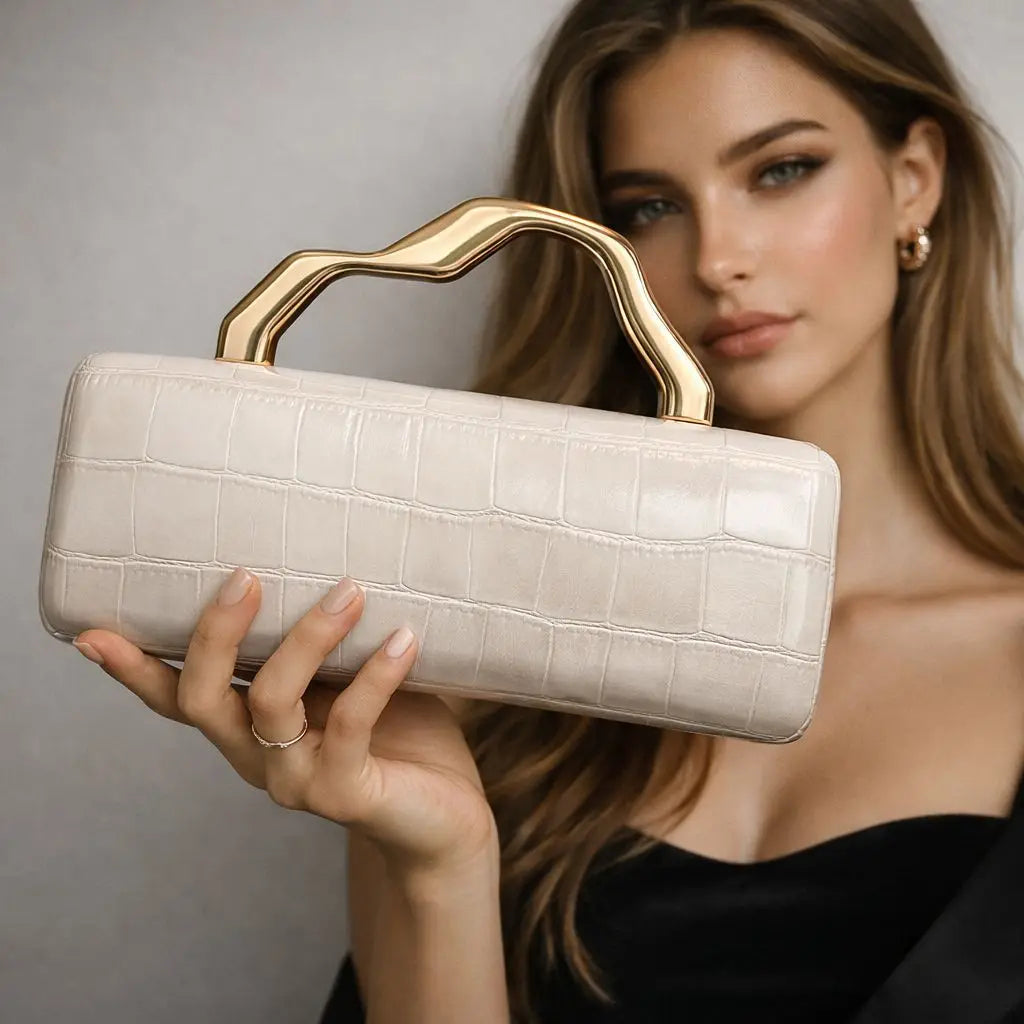 Edenista cream crocodile-pattern PU evening clutch with a gilded curved handle